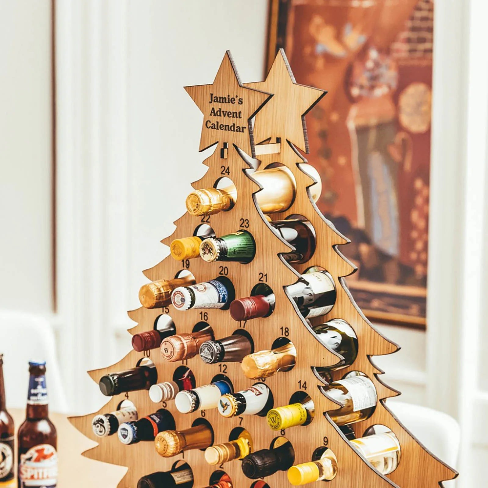 Wooden Christmas Tree Wine Bottle Holder Advent Calendar - Festive Decor