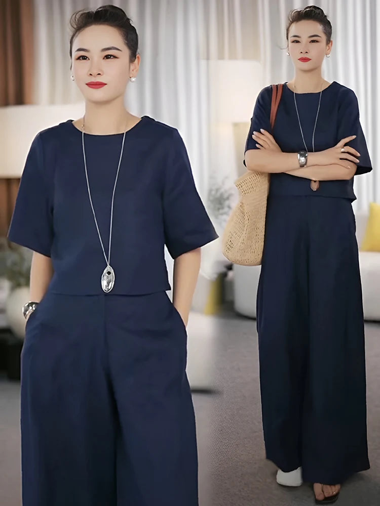 Chic Women's Linen Wide Leg Pants Set - Summer Casual Two Piece Suit