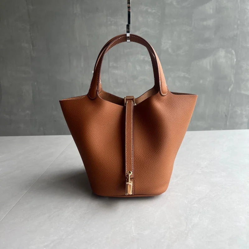 Elegant Premium Cowhide Leather Handheld Basket Bag for Women