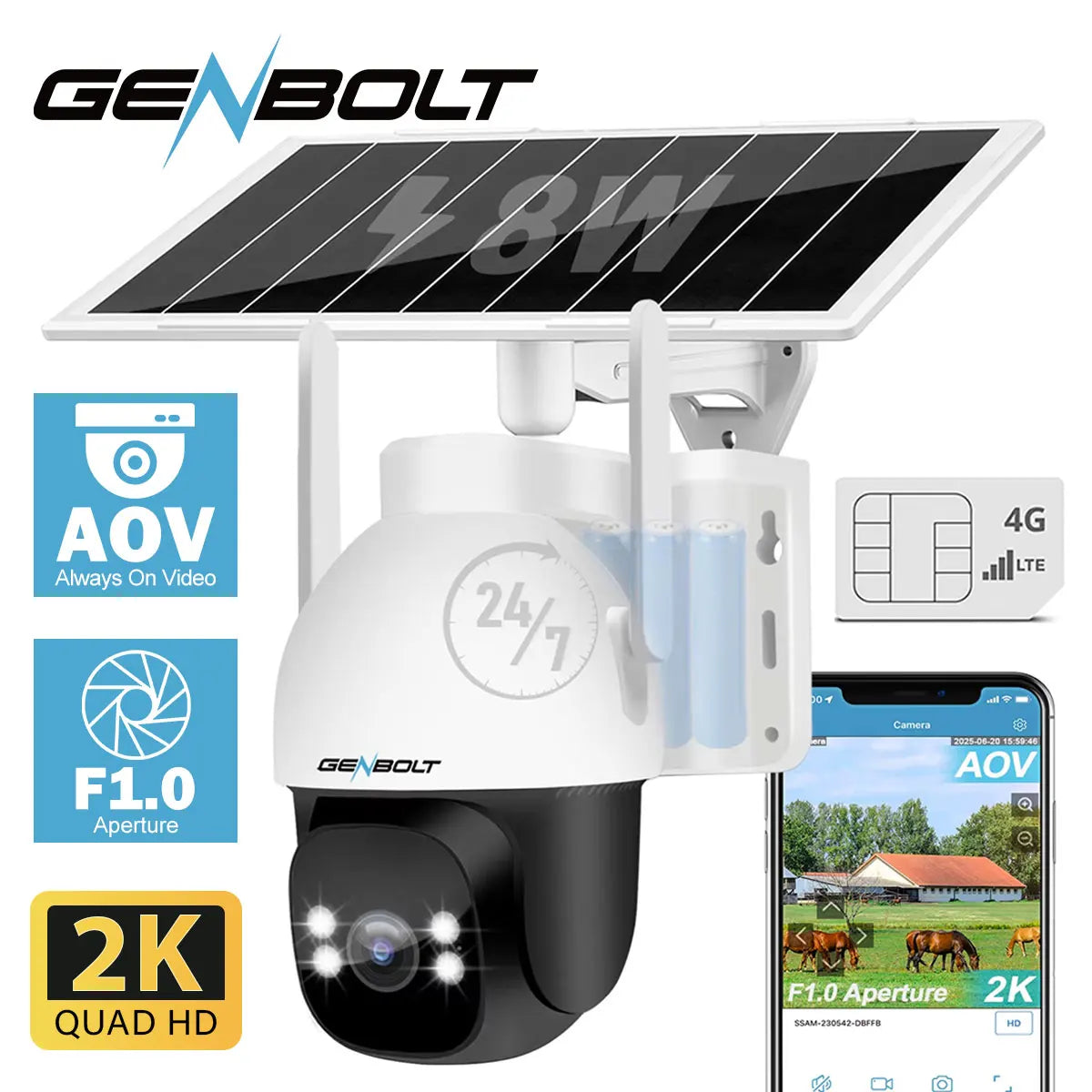 GENBOLT 4G LTE Solar Security Camera with 2K Color Night Vision