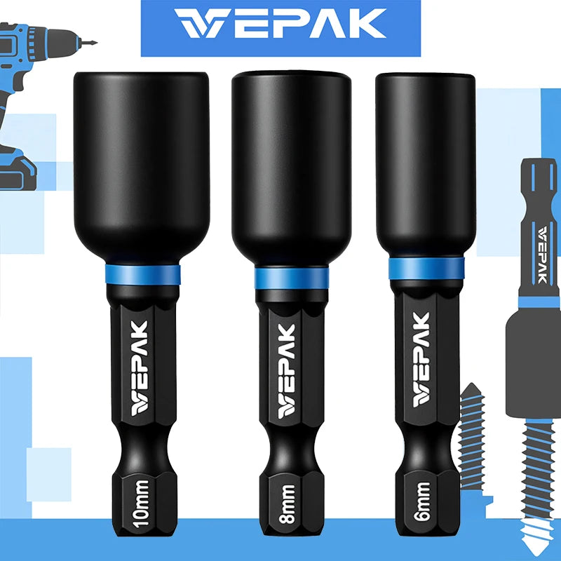 VEPAK Magnetic Hex Nut Drivers – 6/8/10mm High Torque Socket Set