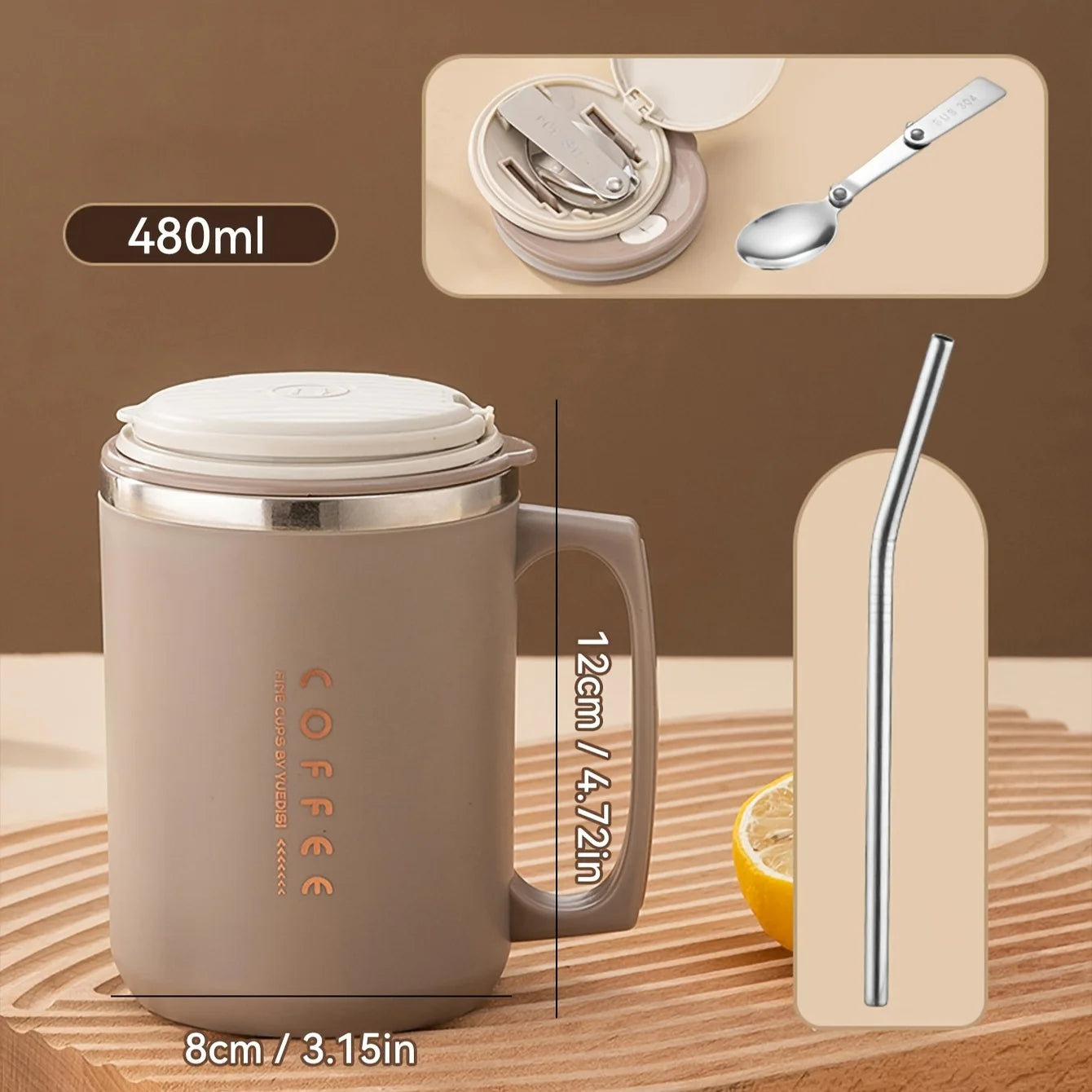 Double Wall Insulated Coffee Mug with Spoon - 304 Stainless Steel