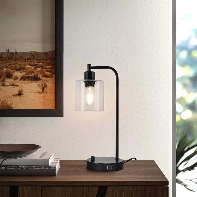 Modern Industrial Glass Table Lamp with USB Charging - Dimmable Night Light
