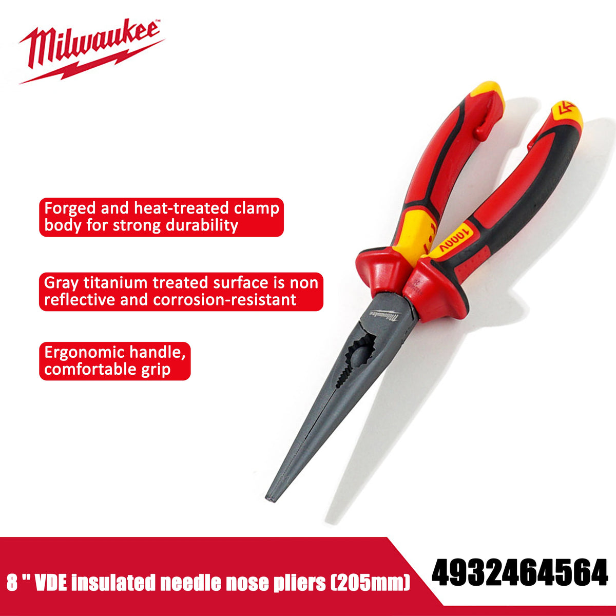 Milwaukee 8-Inch VDE Insulated Needle Nose Pliers - 1000V Electrical Tool
