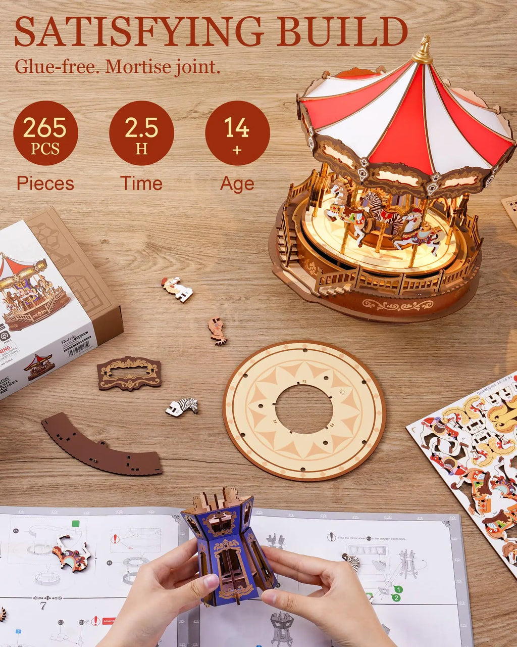 Robotime Classic Carousel Music Box - Easy Assemble 3D Wooden Puzzle