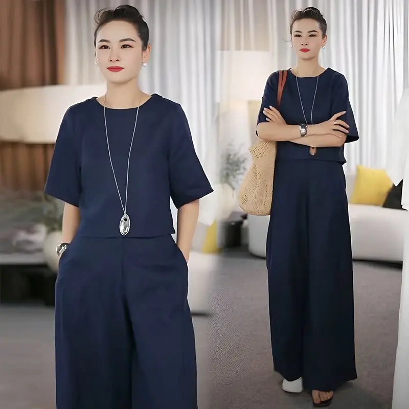 Chic Women's Linen Wide Leg Pants Set - Summer Casual Two Piece Suit