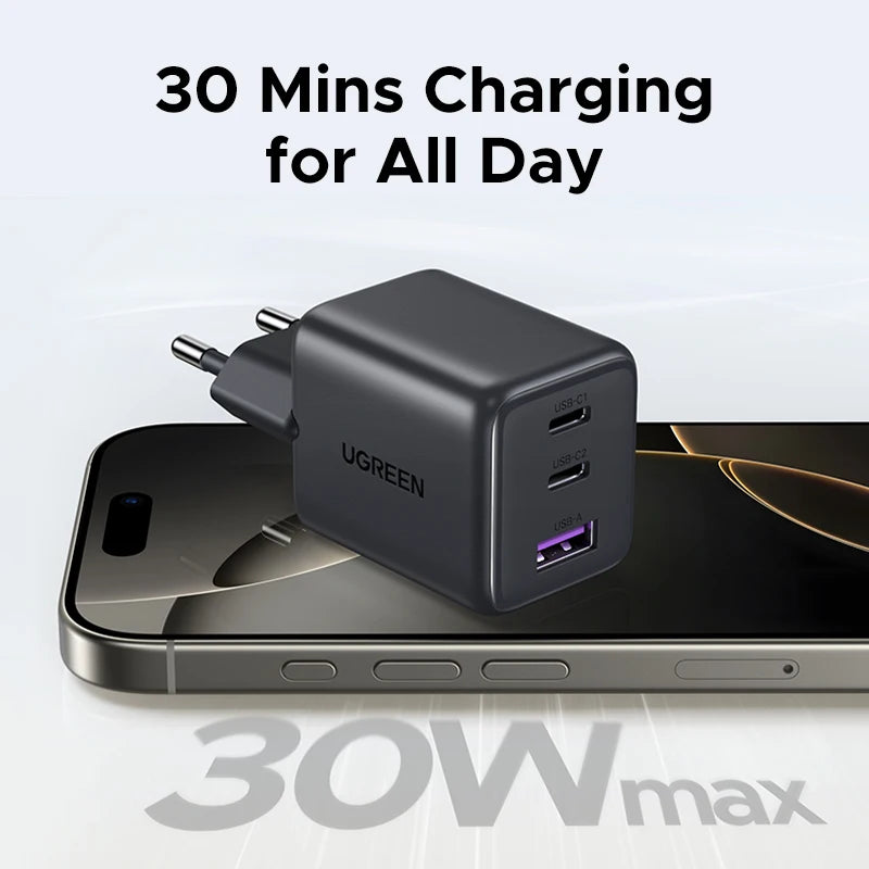 UGREEN 30W GaN USB-C Charger - Fast 3-Port Portable Charging