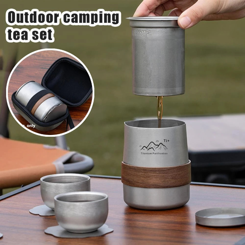 Lightweight Titanium Camping Tea Set with 3 Cups & Storage Bag