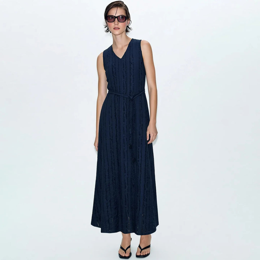 Amii Women's Elegant A-Line Midi Dress - Sleeveless V-Neck Style