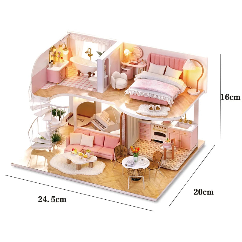 3D Wooden Mini Dollhouse Kit - DIY Duplex Apartment with Furniture