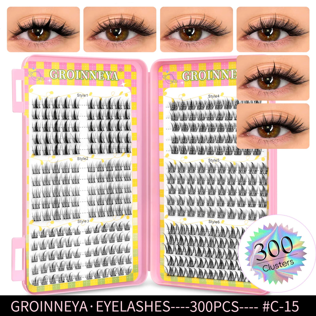 GROINNEYA Natural Cluster Lashes - 320 Pcs Volume Mixed Tray