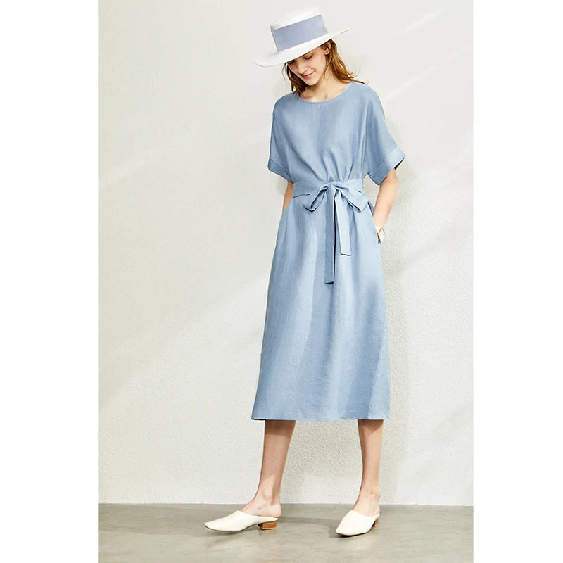 AMII Women's Elegant Linen Summer Dress - Artistic O-Neck A-Line Style