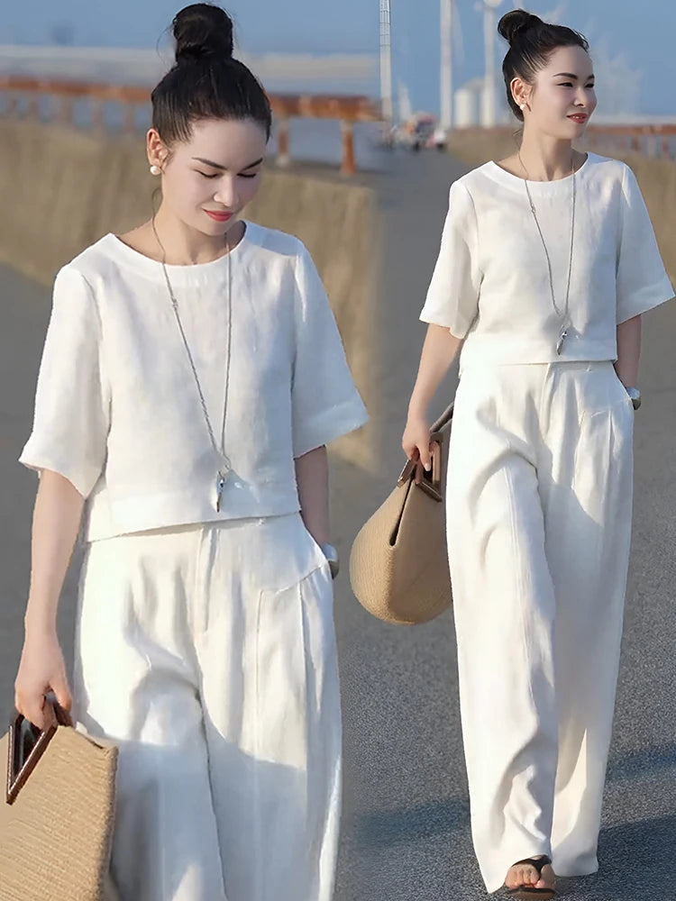 Chic Women's Linen Wide Leg Pants Set - Summer Casual Two Piece Suit