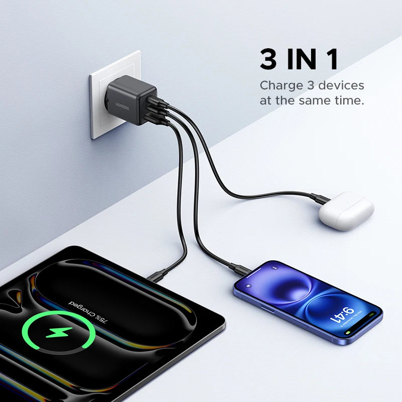 UGREEN 30W GaN USB-C Charger - Fast 3-Port Portable Charging