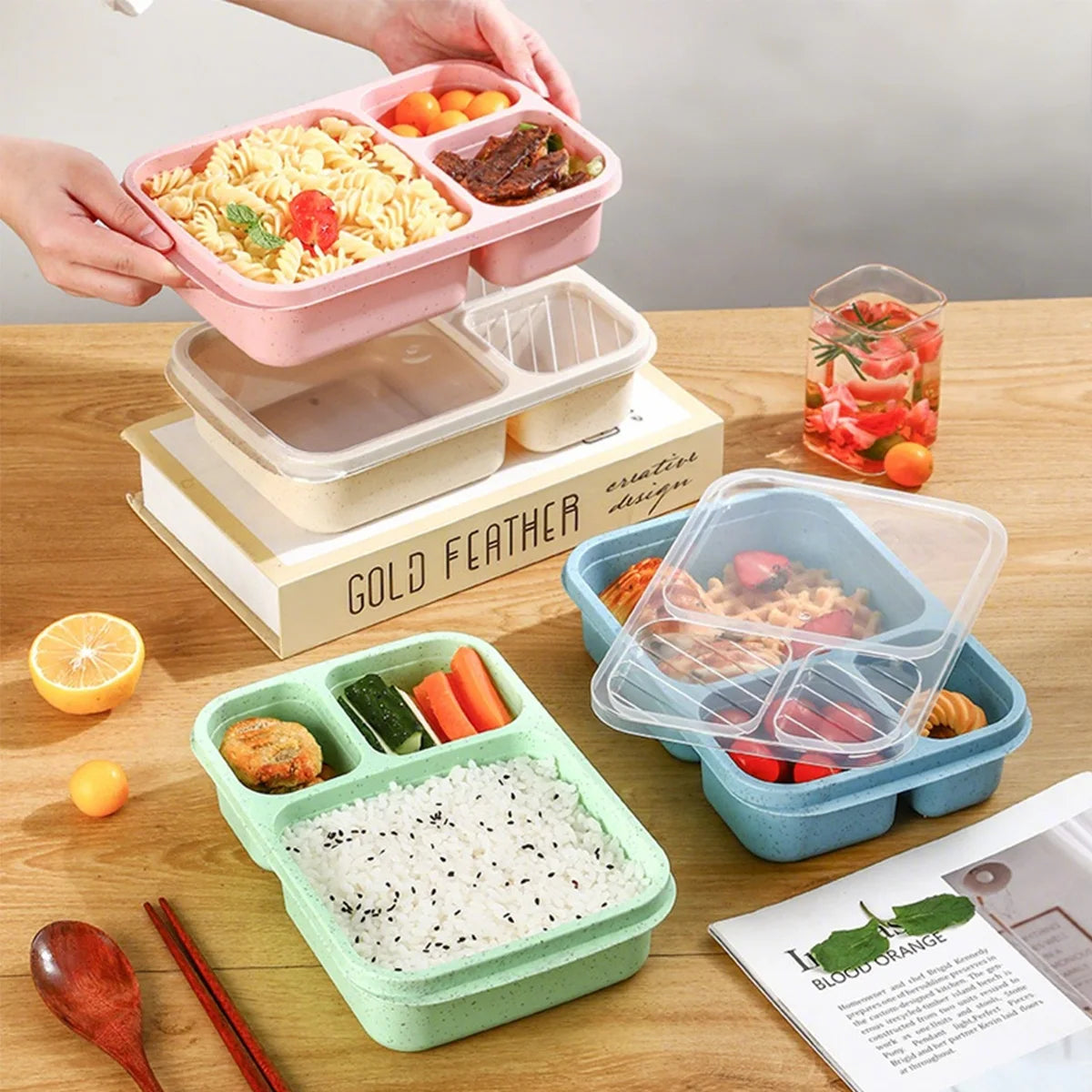 Eco-Friendly Portable 3-Compartment Bento Lunch Box