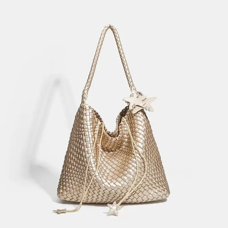 Trendy Champagne Gold Woven Tote Bag for Women - Extra Large & Durable