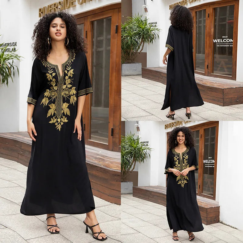 Stylish V Neck Swim Cover Up for Women - Embroidered Kaftan Dress