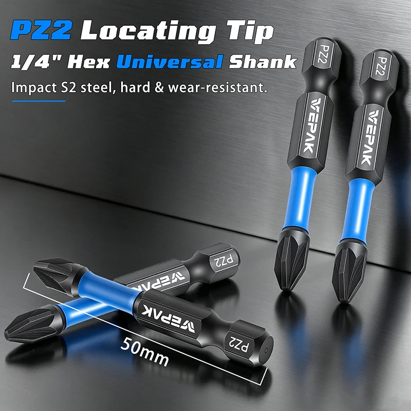 VEPAK 5PCS PZ2 Screwdriver Bits & 60mm Magnetic Extension Rod Set