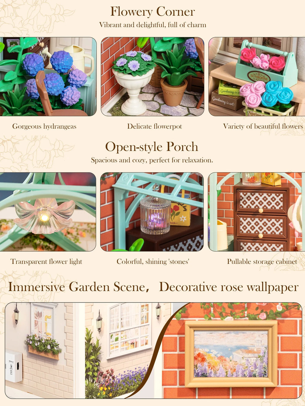 Robotime Blooming Tea Garden Miniature DIY Dollhouse Kit for All Ages