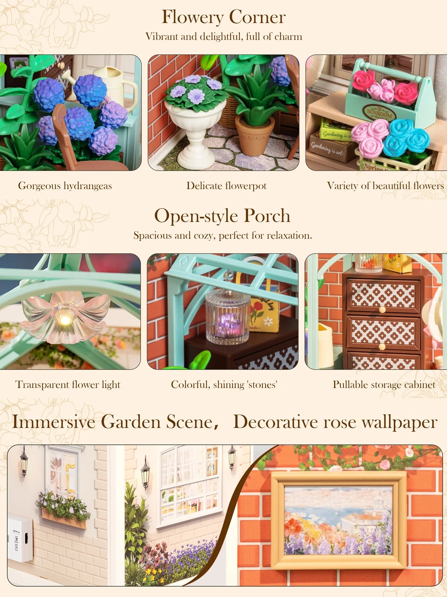 Robotime Blooming Tea Garden Miniature DIY Dollhouse Kit for All Ages