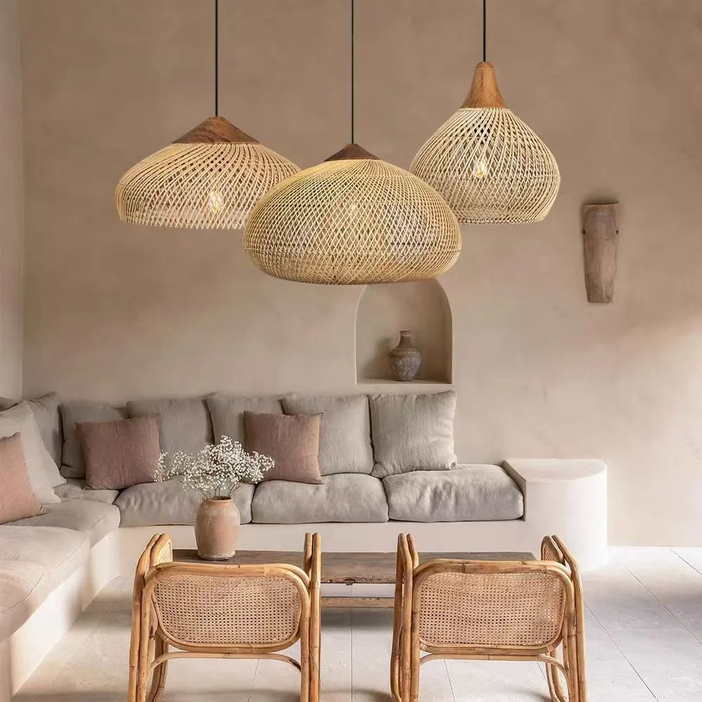 Japanese Wabi-Sabi Hand-Woven Rattan Pendant Light - Boho E27 Lamp