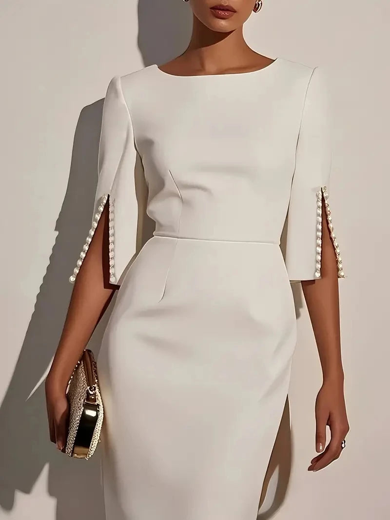 Elegant Women's Solid Color Midi Dress with Pearl Embellishments