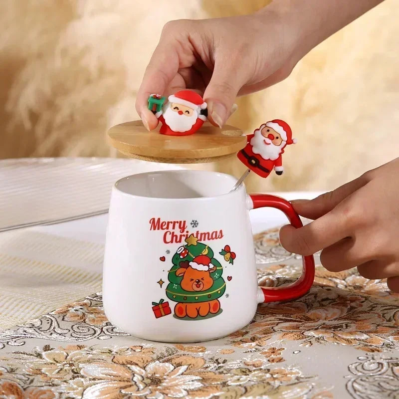 Festive Ceramic Mug Set with Lid & Spoon - Perfect Christmas Gift