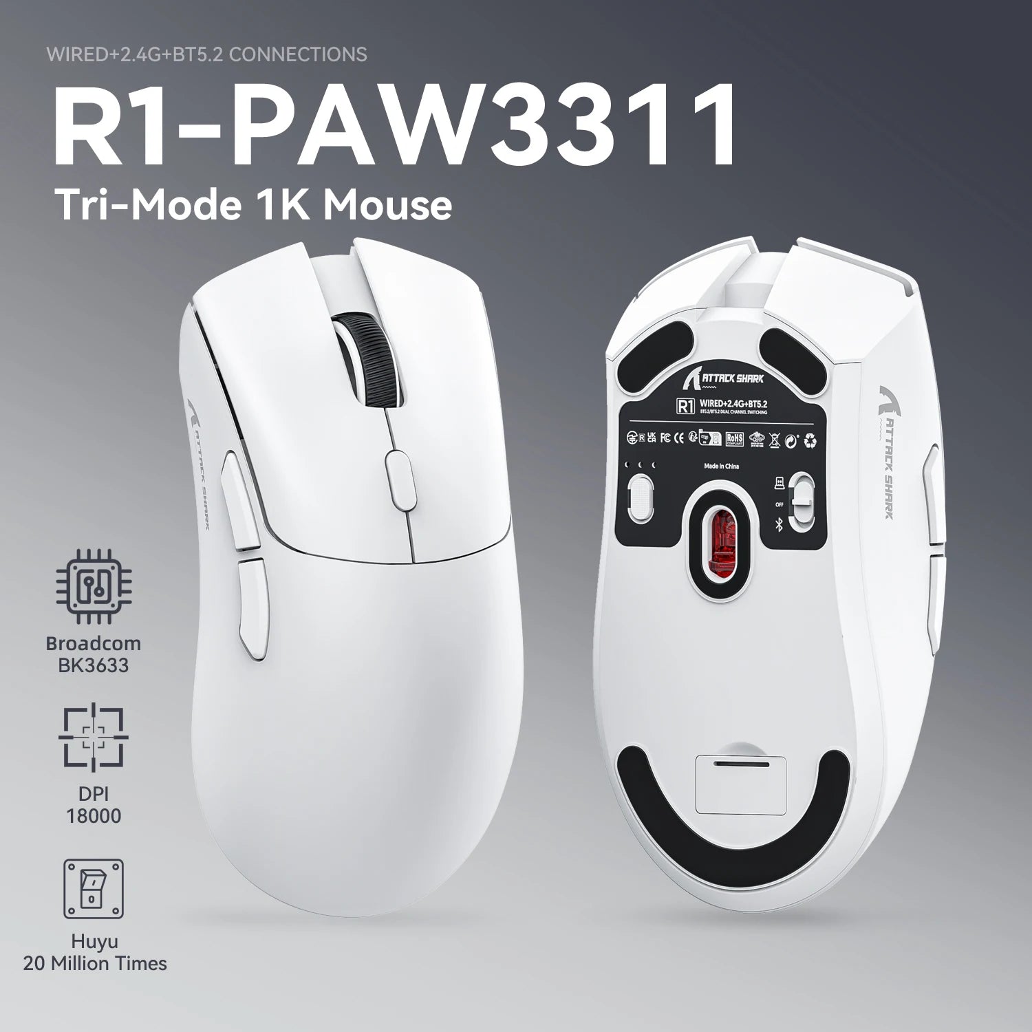 Attack Shark R1 Bluetooth Gaming Mouse, 18000 DPI, Tri-Mode Connect