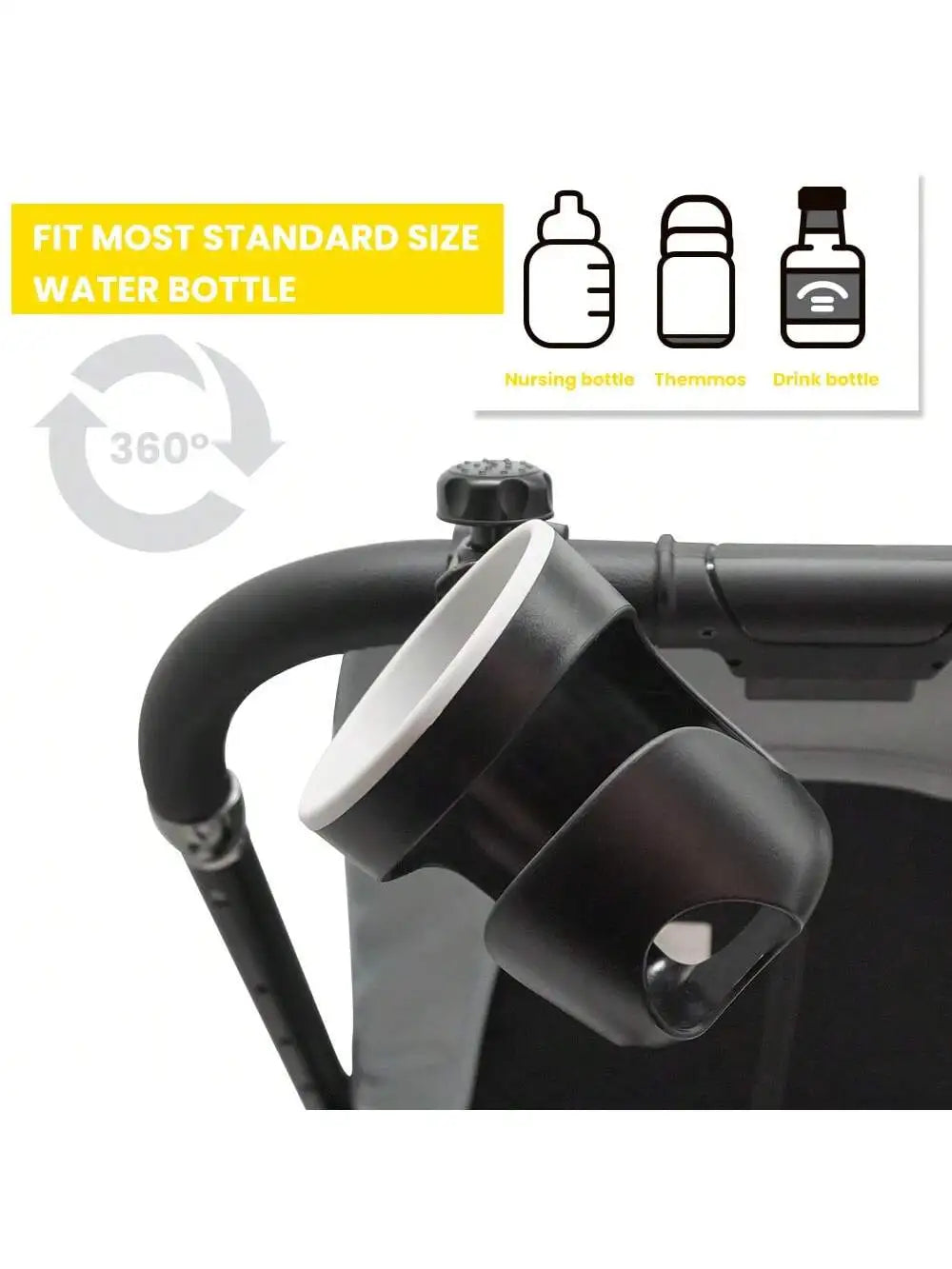 Adjustable Stroller Cup Holder with Clip & Phone Holder - 360° Rotating