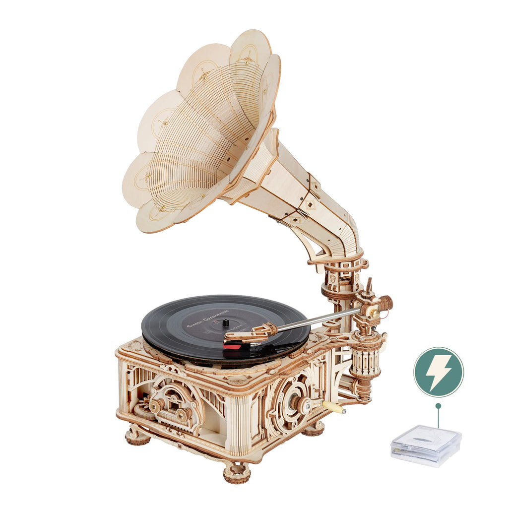 Robotime Hand Crank Classic Gramophone - 424-Piece Wooden Model Kit