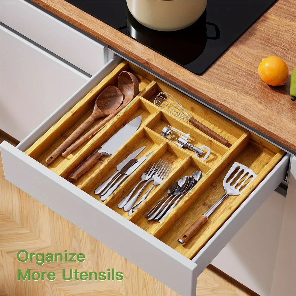 Eco-Friendly Adjustable Bamboo Drawer Organizer for Kitchen & Home