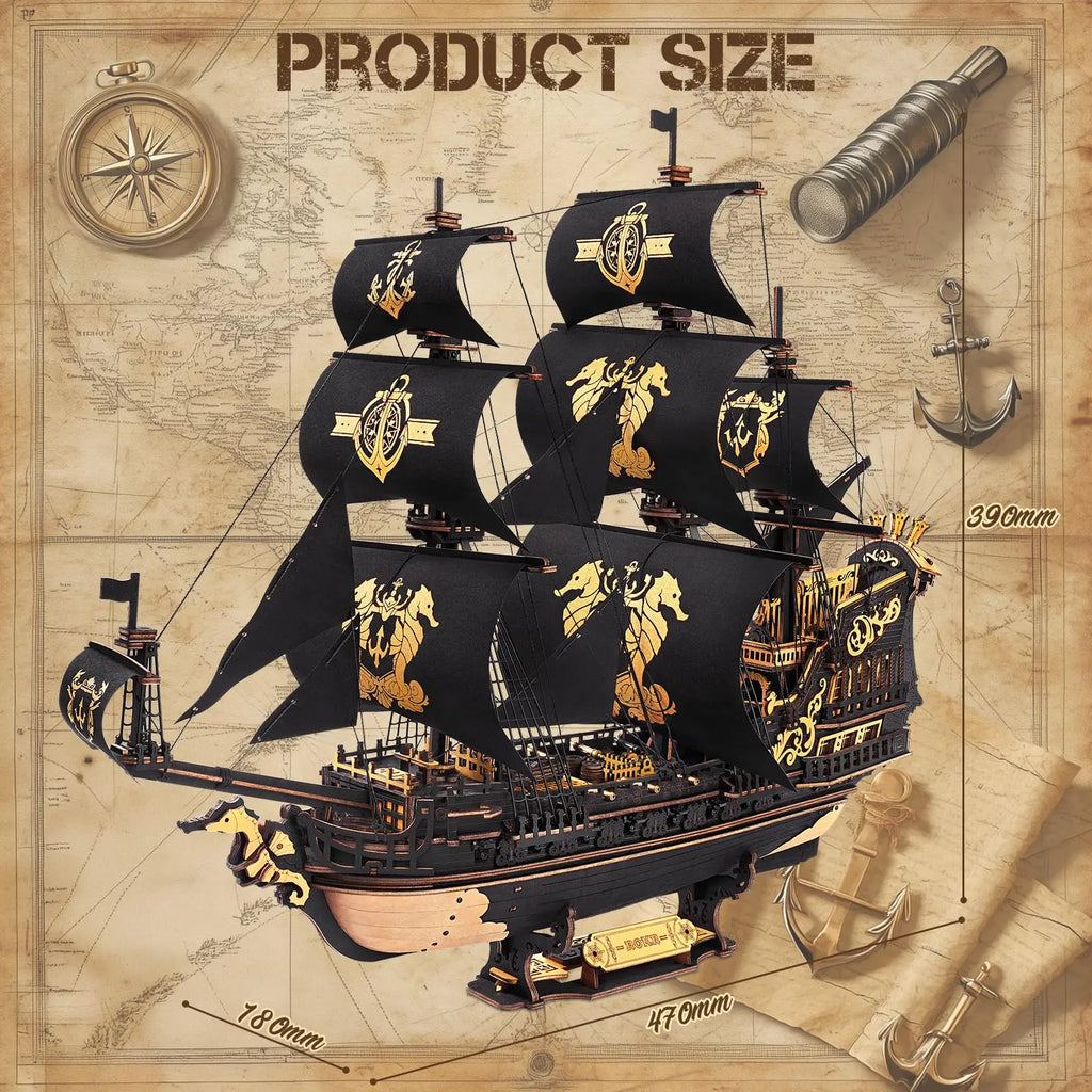 ROBOTIME The Seahorse Barque 3D Wooden Ship Model Kit for Teens & Adults