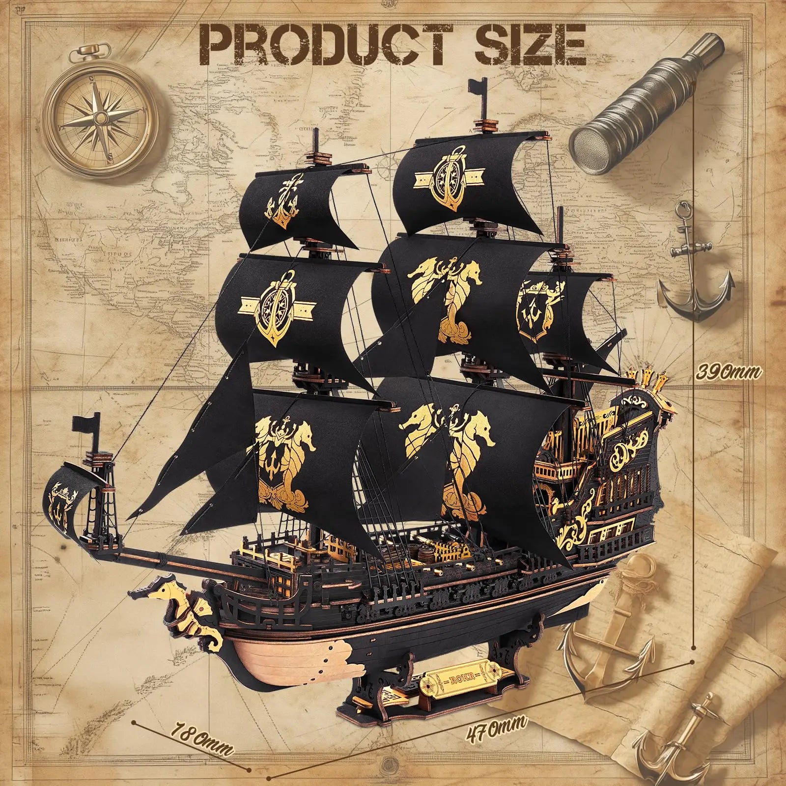ROBOTIME The Seahorse Barque 3D Wooden Ship Model Kit for Teens & Adults