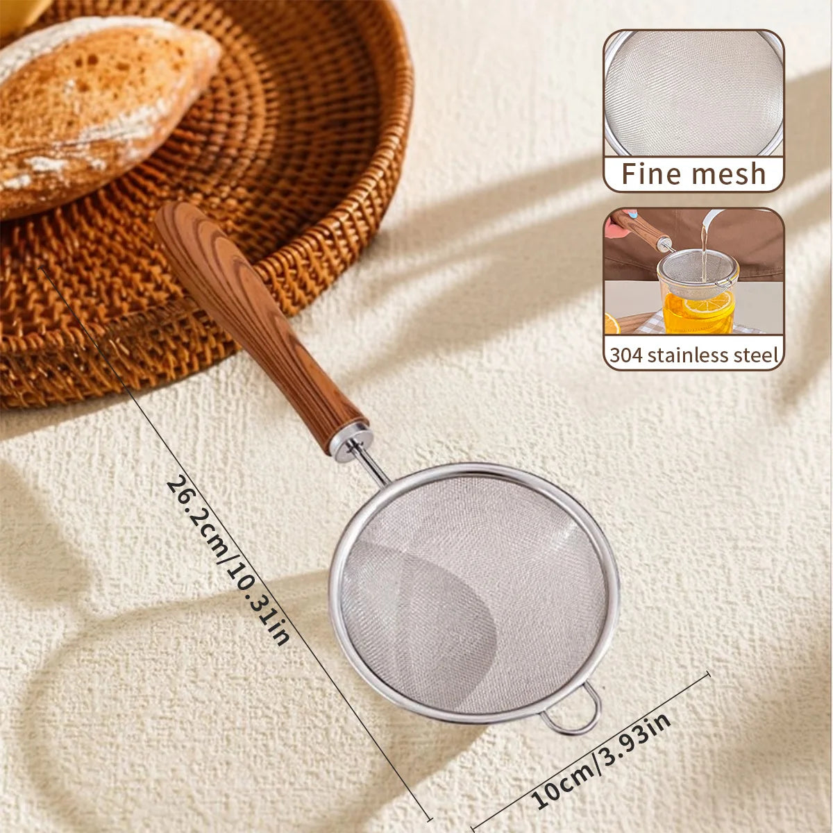 Stainless Steel Flour Sieve with Wooden Handle - Kitchen Strainer