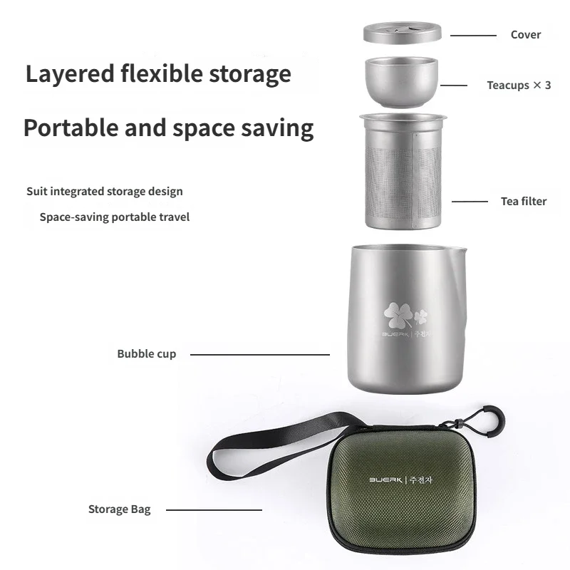 Portable Titanium Travel Tea Set with Insulated Cups & Strainer