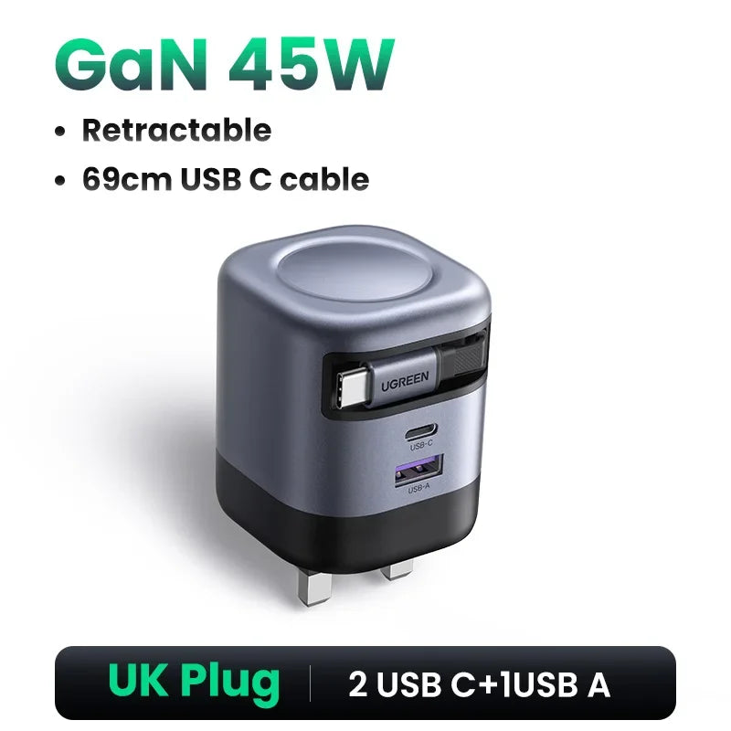 UGREEN 65W GaN Charger with Retractable USB-C Cable - Fast & Compact