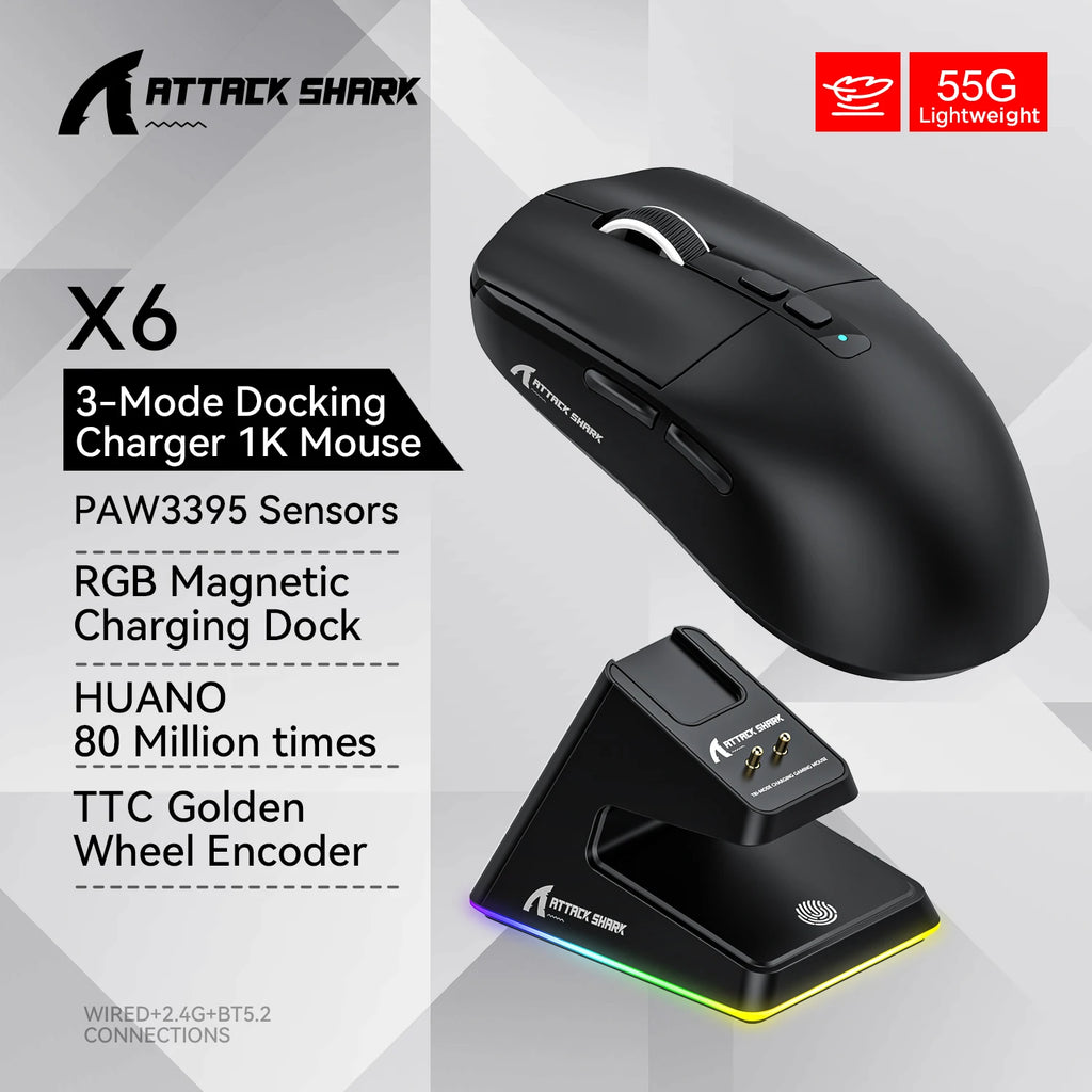 Attack Shark X6 RGB Wireless Gaming Mouse - 26000 DPI, Tri-Mode Connectivity