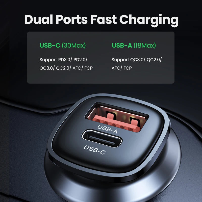 UGREEN 30W Fast Car Charger - Dual Port PD & QC for Quick Charging