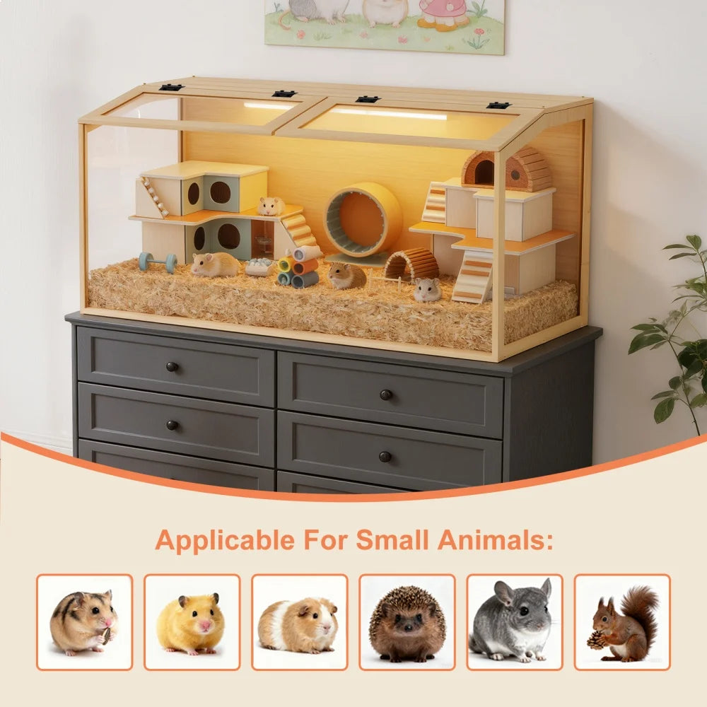 Large Wooden Hamster Cage with LED Light - Safe & Chew-Proof Habitat