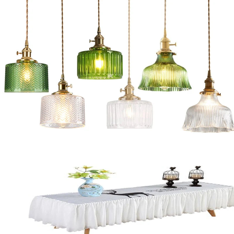 Elegant Green Stripe Glass Pendant Light - E27 Chandelier Fixture