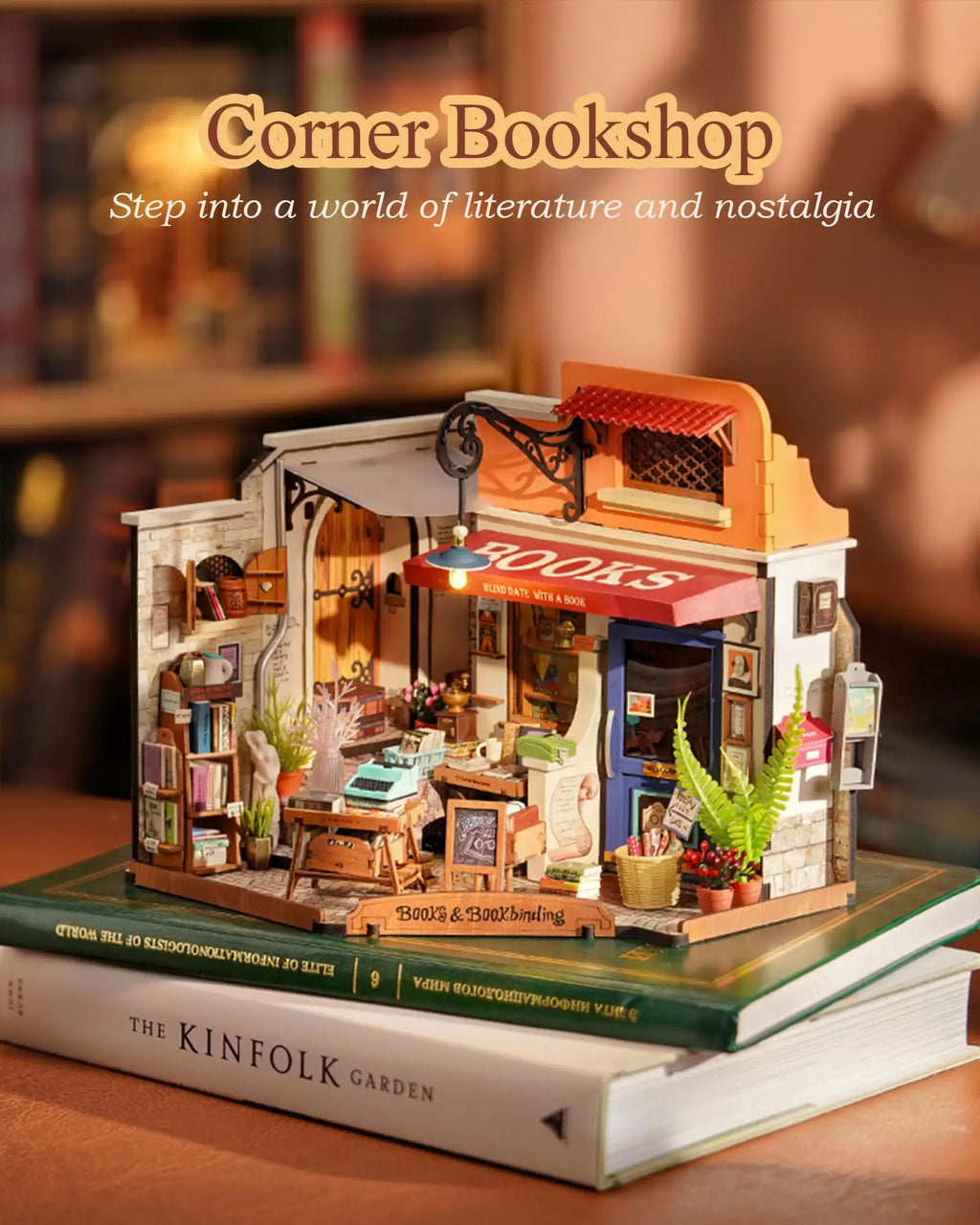 Robotime Rolife Miniature Corner Bookstore DIY Kit with LED Lights