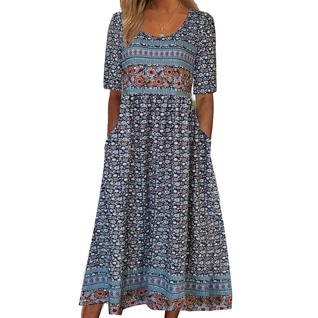 Boho Chic Women's Round Neck Print Short Sleeve Long Dress