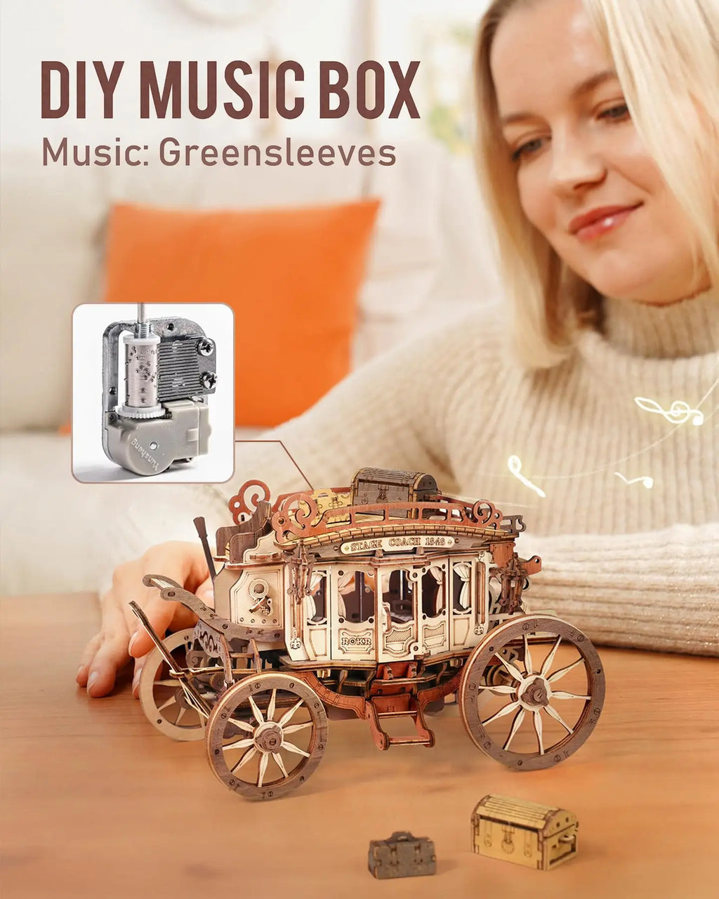 Robotime Stagecoach Music Box 3D Wooden Puzzle - Unique Gift & Hobby