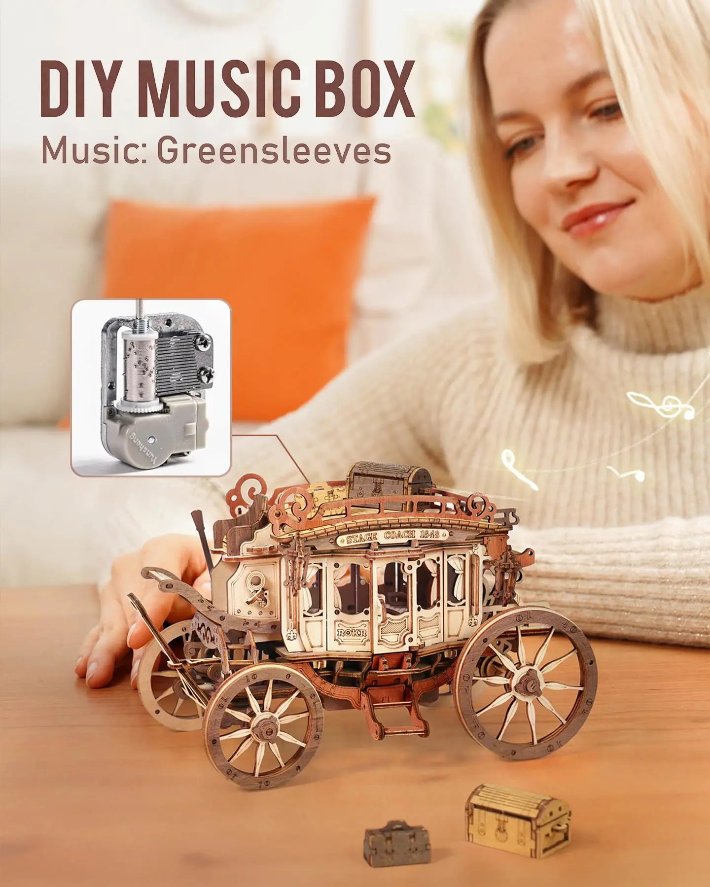 Robotime Stagecoach Music Box 3D Wooden Puzzle - Unique Gift & Hobby