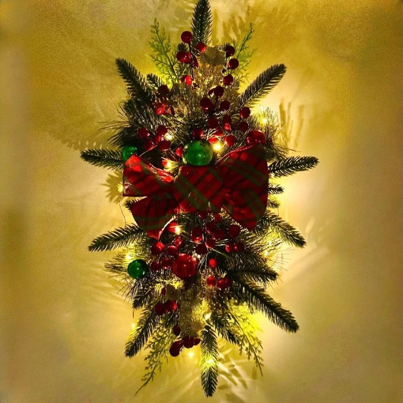 Elegant Christmas Staircase Wreath with Decorative Bow - Holiday Decor