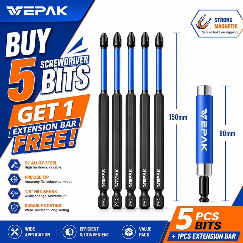 VEPAK 5Pcs PH2 Impact Screwdriver Bit Set with Magnetic Extension Bar