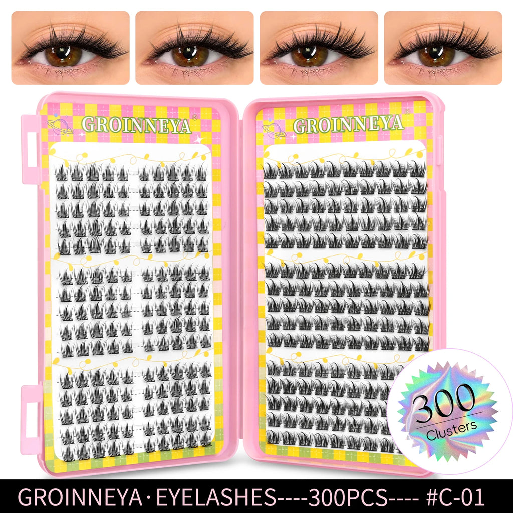 GROINNEYA Natural Cluster Lashes - 320 Pcs Volume Mixed Tray