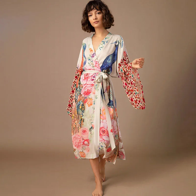 Stylish Peacock Printed Beach Kimono - Women's Swimsuit Cover Up