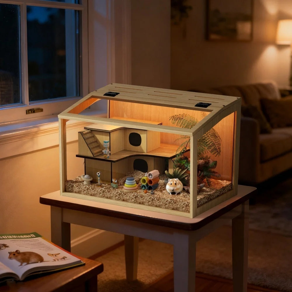 Large Wooden Hamster Cage with LED Light - Safe & Chew-Proof Habitat