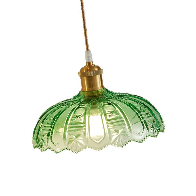Vintage Green Glass LED Pendant Light - Adjustable Floral Design